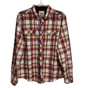 Vintage Red Plaid Western Snap Embroidered Long Sleeve Shirt Cotton Y2K Size XL